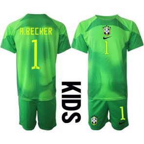 Brasilien Alisson Becker #1 Målmand Udebanesæt Børn VM 2022 Kort ærmer (+ korte bukser)